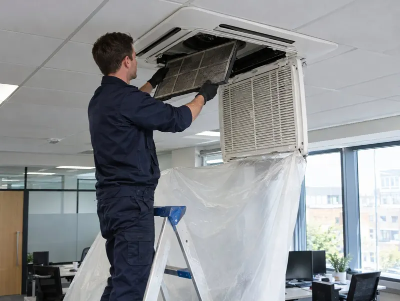Engineer removing the filter from a ceiling cassette during a service, with a dust sheet below