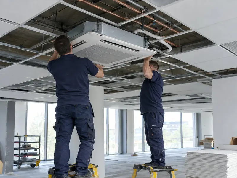Two engineers lifting a ceiling cassette air conditioning unit into a suspended ceiling grid