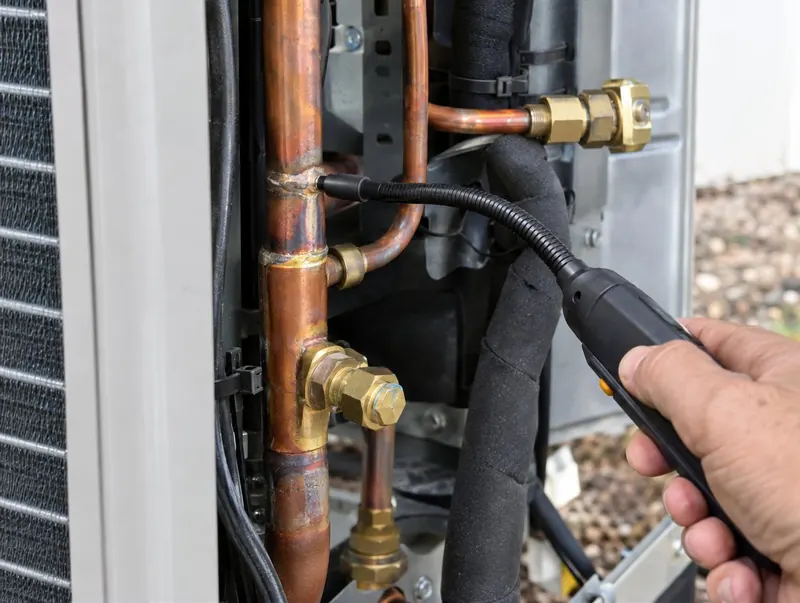 Electronic leak detector probe held against brazed copper pipe joints