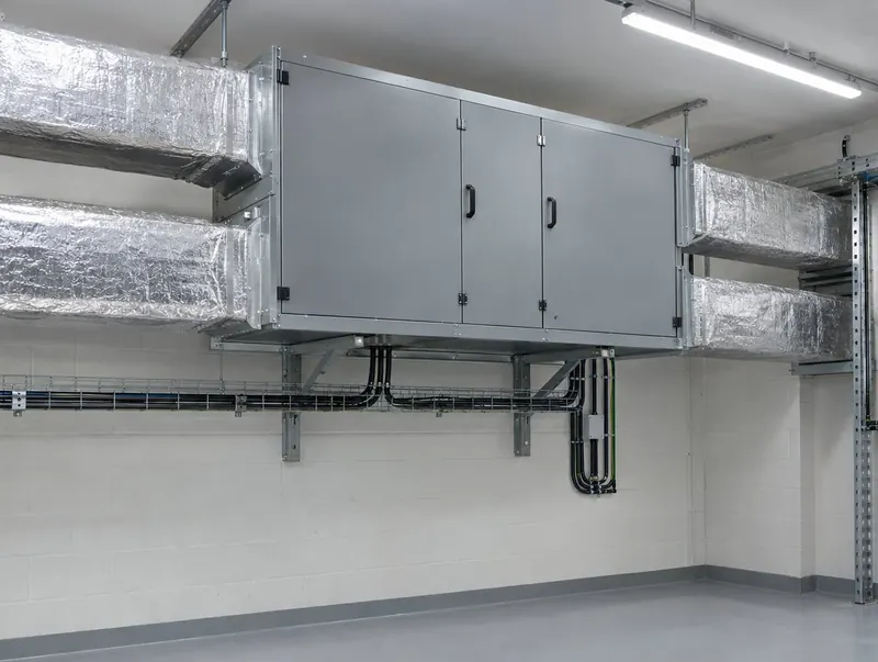Heat recovery ventilation unit mounted at high level with four insulated ducts