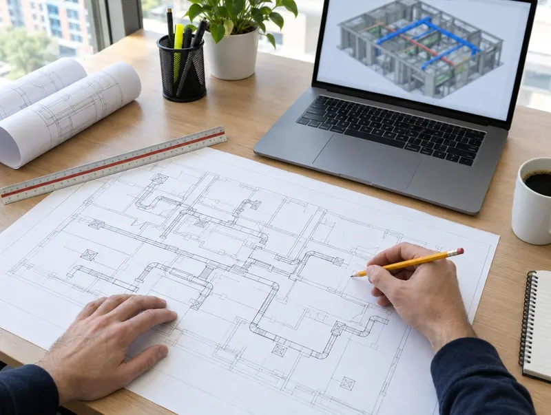 Engineer marking up mechanical ductwork drawings beside a laptop showing a 3D building model