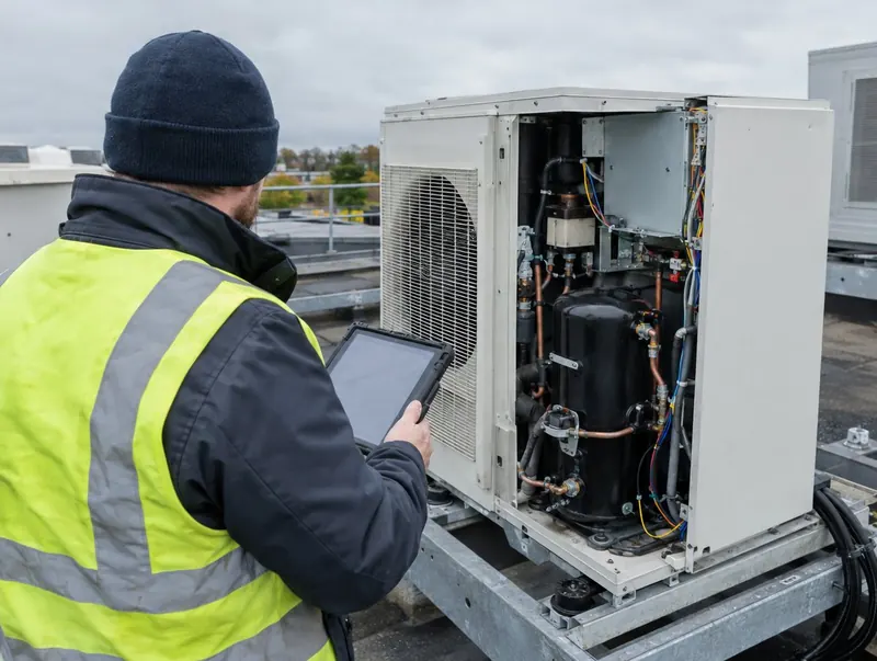 Maintenance engineer with a tablet inspecting an opened outdoor unit on a rooftop