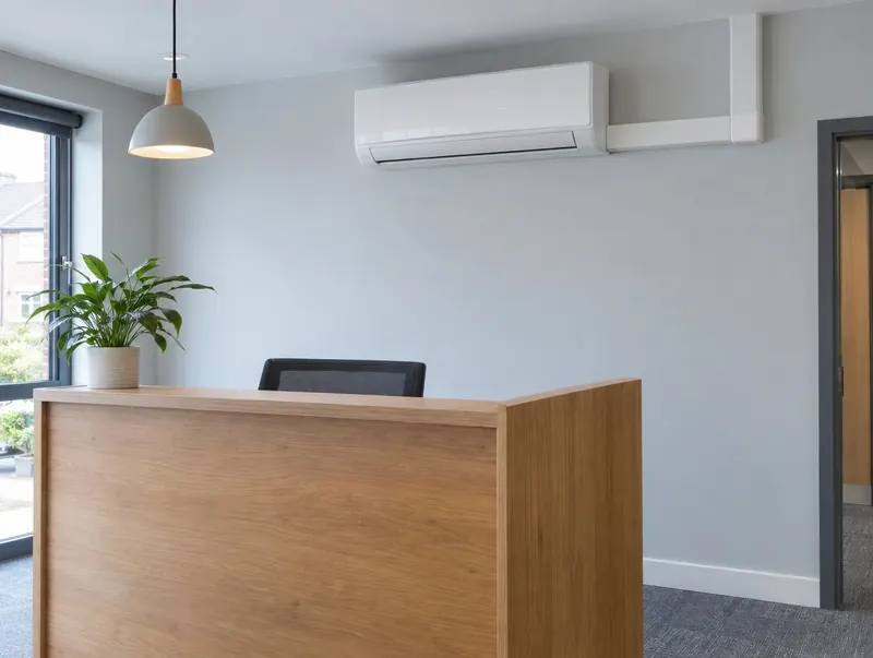 Wall-mounted split air conditioning unit above a reception desk
